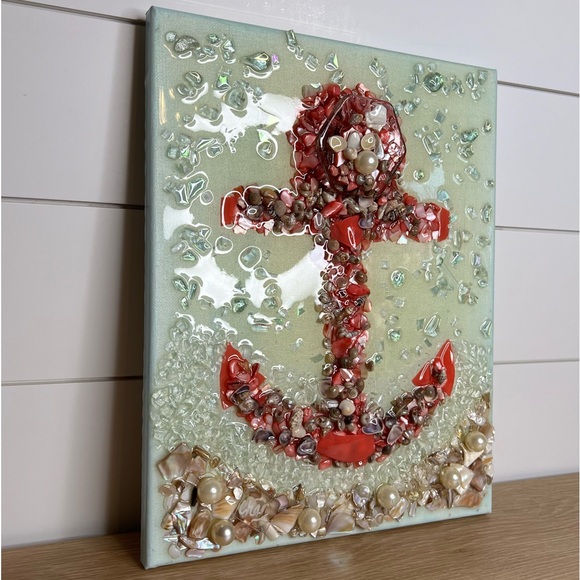 Pearls Shells Beach Anchor Resin Painted Canvas. Size 11” x 14”. - Picture 4 of 16